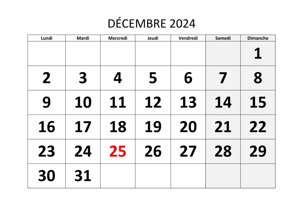 Calendrier de Décembre 2024