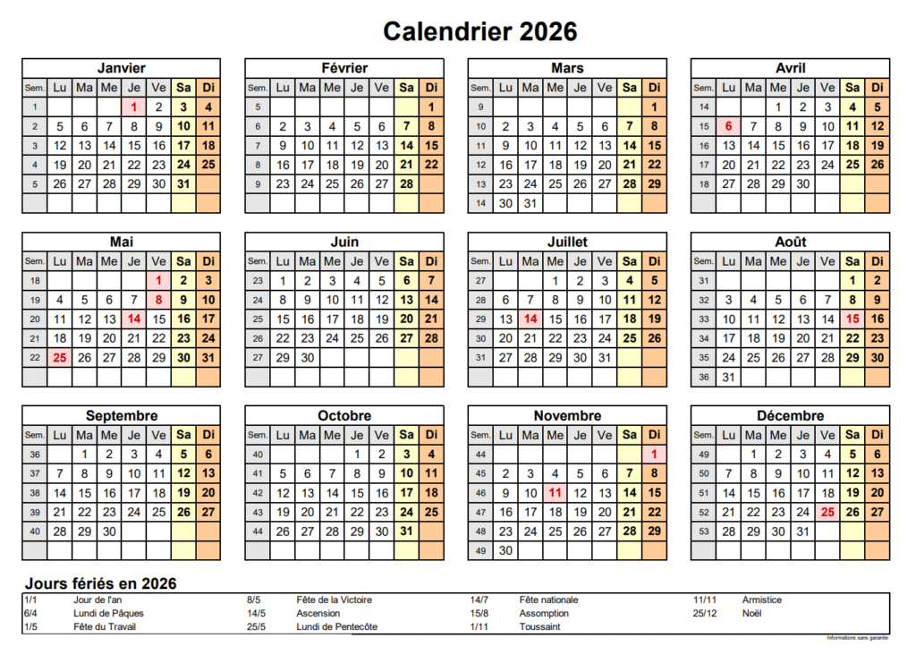 2026 Calendrier 2025 Calendrier
