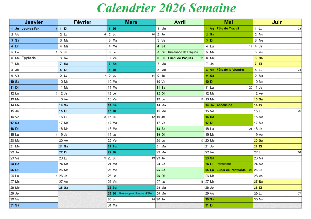 Calendrier 2026 en Semaine