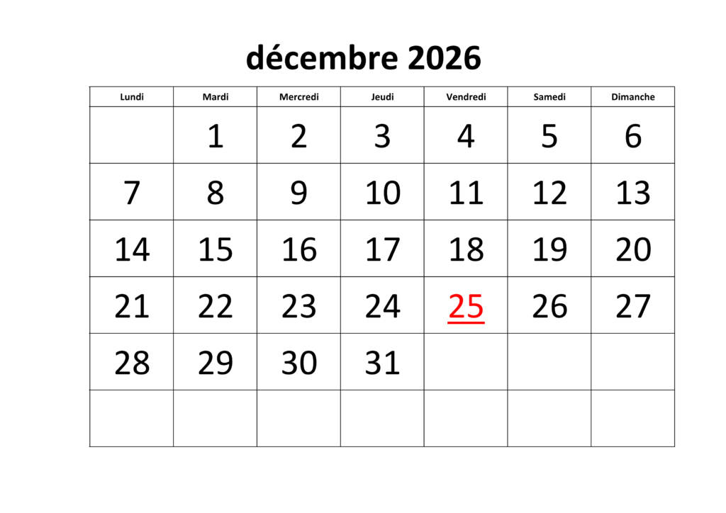 Calendrier Décembre 2026 Excel