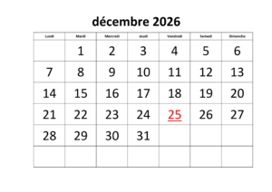 Calendrier Décembre 2026 Excel