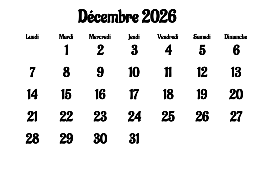 Calendrier Décembre 2026 PDF