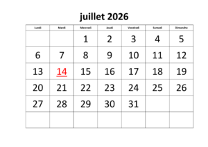 Calendrier Juillet 2026 PDF