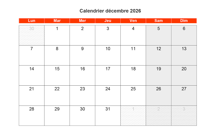 Calendrier Mois de Décembre 2026