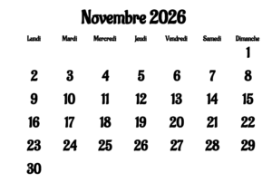 Calendrier Mois de Novembre 2026
