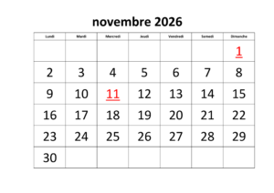 Calendrier Novembre 2026 PDF