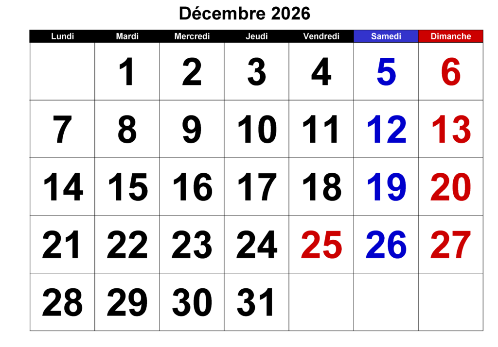 Calendrier de Décembre 2026