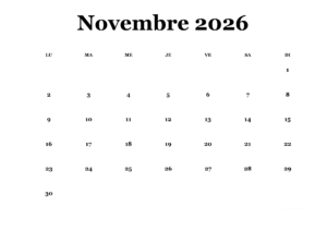 Calendrier de Novembre 2026