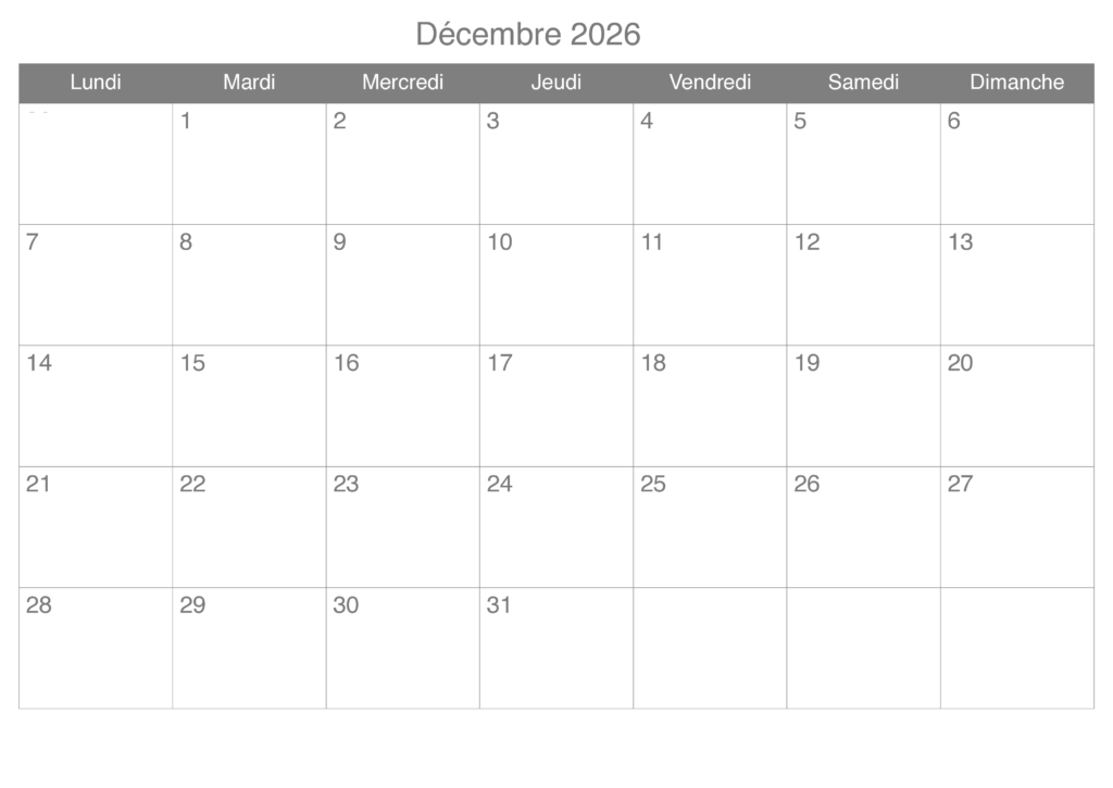 Décembre 2026 Calendrier