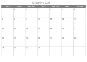 Décembre 2026 Calendrier
