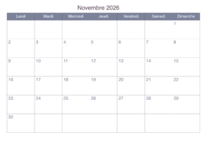 Novembre 2026 Calendrier