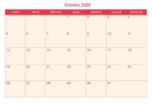 2026 Calendrier Octobre