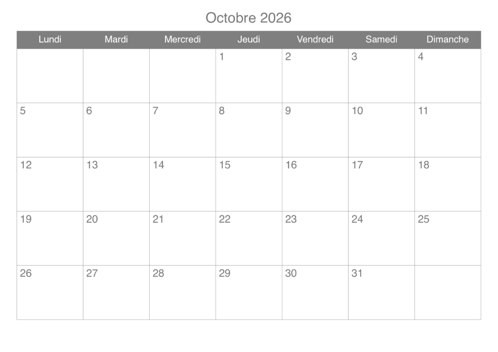 2026 Calendrier Octobre jours fériés