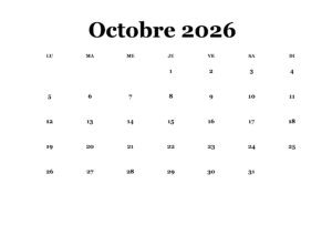 Octobre 2026 Calendrier à Imprimer