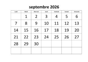 2026 Calendrier Septembre Vacances