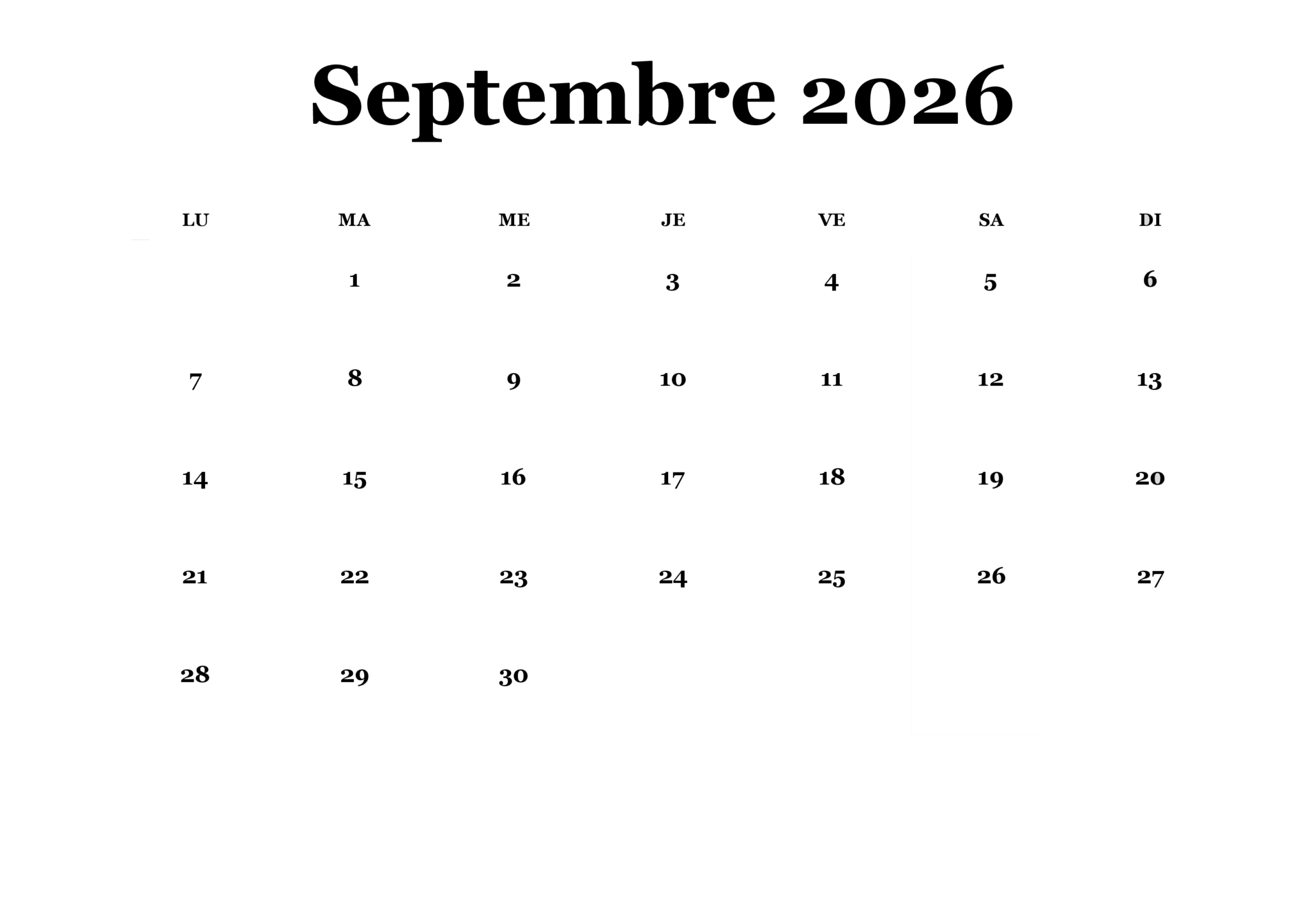 Septembre 2026 Calendrier 2026 Calendrier Septembre 2026 Calendrier 2026 Calendrier